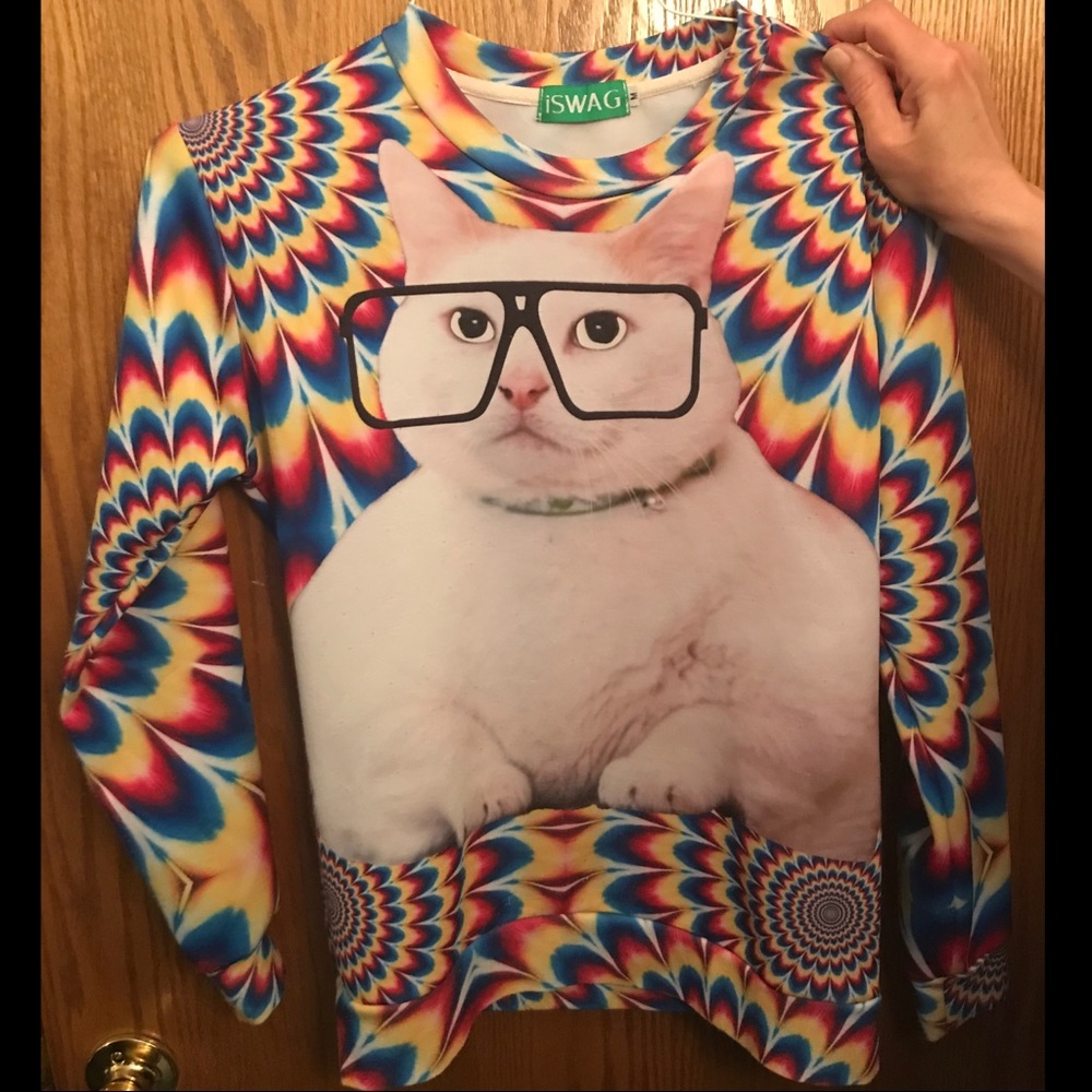 Trippy Rainbow Kitten Cat Sweatshirt Size Medium